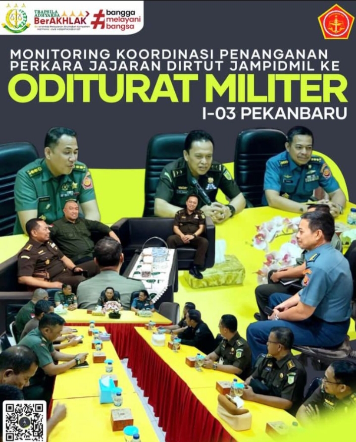 Aspidmil Kejati Riau dampingi Direktur Penuntutan JAM Pidmil dalam Monitoring Koordinasi Penanganan Perkara Koneksitas ke Oditurat Militer (Otmil) I-03 Pekanbaru
